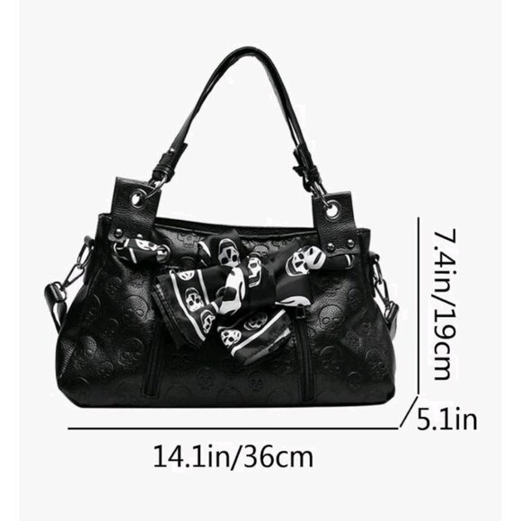 Skull Handbag Gothic Satchel Shoulder Crossbody Bag Black Purse Scarf Halloween - Picture 5 of 16